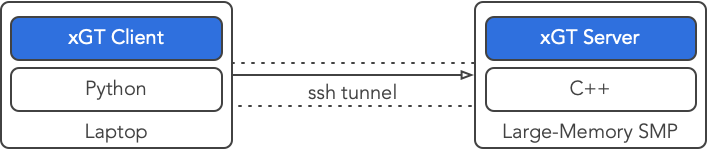 Diagram of xGT client/server model: Python-based client on a laptop connects to a C++ server on a large-memory SMP via SSH tunnel. Illustrates data and query flow between client and server.